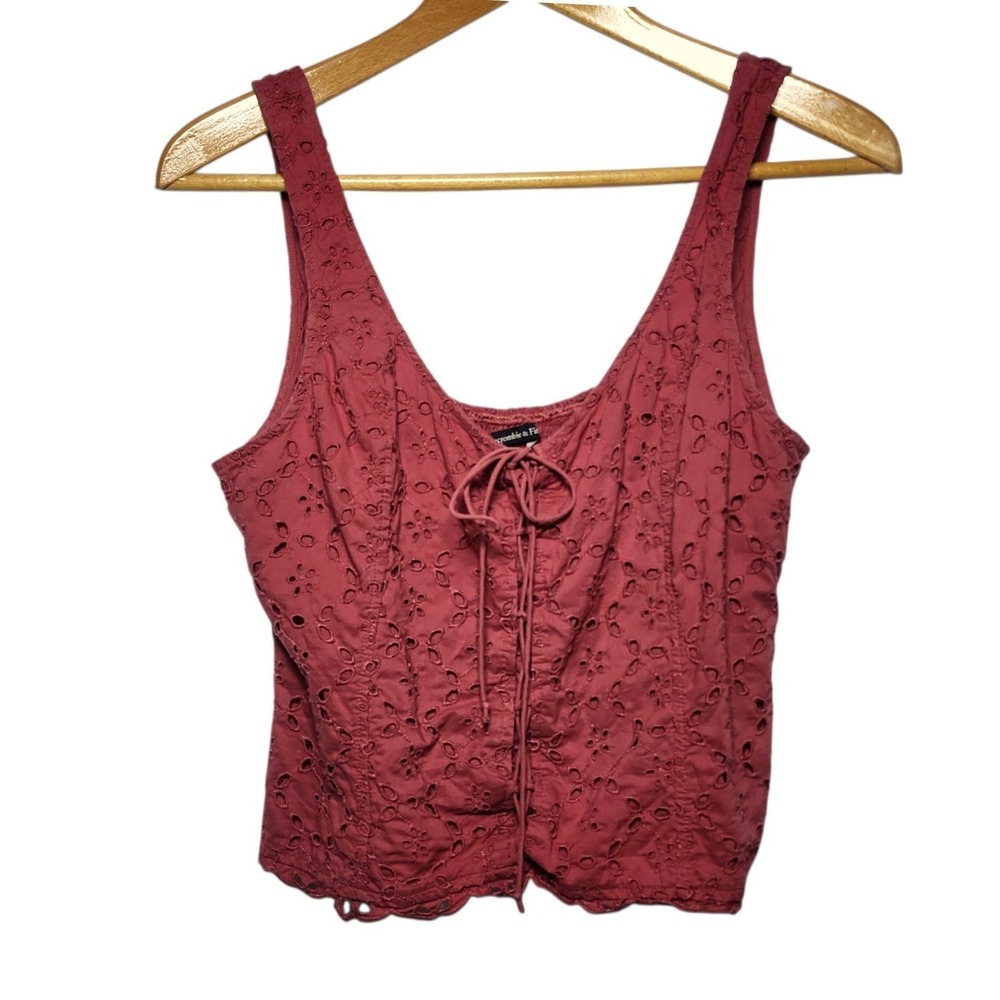 Abercrombie & Fitch Eyelet Lace Up Tank Top Rose Pink Womens XL Smocked Back